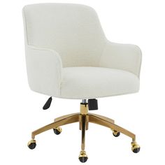 a white office chair with gold wheels and casteors on an isolated white background, viewed from the front