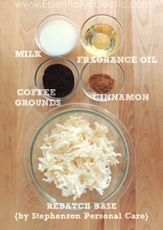 the ingredients for making an ice cream dessert are shown in bowls on a wooden table