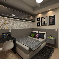 a bed sitting in a bedroom next to a desk