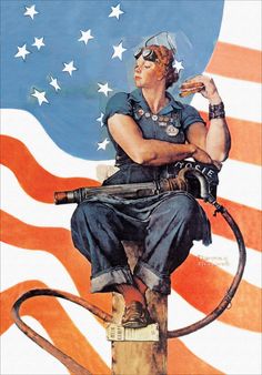 a painting of a woman sitting on top of a fire hydrant with an american flag in the background