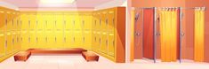 an empty locker room with yellow doors and benches