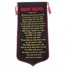 a banner with the words great help written in red and black on it, hanging from a string