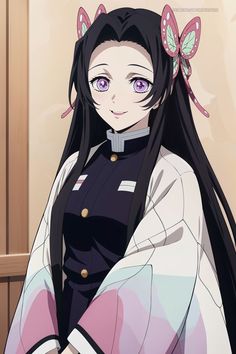 an anime character with long black hair and purple eyes, wearing a kimono in front of a door