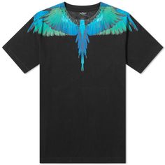 Marcelo Burlon Blue Wings T-Shirt 'Black' Moving To Italy, Blue Wings, Jordan Adidas, Marcelo Burlon, Painted Clothes, Feather Print, Designer Sneakers, Casual T Shirt, Silk Shirt