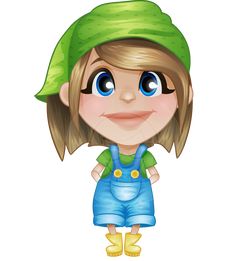 a cartoon girl in overalls and a green hat with big blue eyes is standing