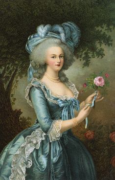 a painting of a woman in a blue dress holding a rose and wearing a bonnet