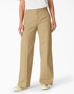 Women's Wide Leg Work Pants - Dickies US, Stonewashed Khaki 12 Dickies Pants Outfits Women, Wide Leg Work Pants, Colored Pants Outfits, Work Pants Women, Dickies Women, Womens Khakis, Leg Work, Work Shirt, Lifestyle Clothing