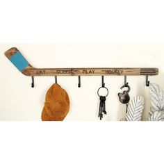 40 in. W x 11 in. H Hockey Stick Wall Hook Rack in Distressed Brown and Black - Super Arbor Eclectic Wall Hooks, Slate Blue Paint, Stick On Wood Wall, Wall Hook Rack, Clutter Free Home, Hook Rack, Brown Walls, Hockey Stick, Wall Racks