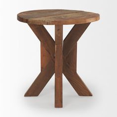 a round wooden table with cross legs on an isolated white background for use as a side table