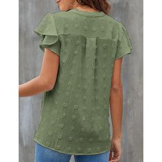 Army Green Swiss Dot Ruffle Sleeve V Neck Blouse Casual Swiss Dot V-neck Blouse, Casual V-neck Swiss Dot Blouse, Casual V-neck Swiss Dot Top, Casual Swiss Dot Blouse For Work, Casual V-neck Top With Swiss Dot Details, Casual Swiss Dot Tops For Workwear, Textured Short Sleeve Summer Blouse, Textured Short Sleeve Blouse For Summer, Womens White Blouse