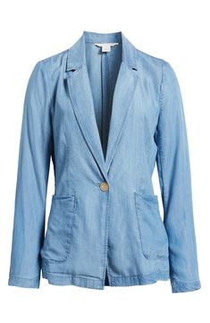 Laid-back yet polished, this unstructured blazer is made from smooth, drapey chambray for a casual twist on a classic layer. 25 1/2" length (size Medium) One-button closure Notched lapels Three-button cuffs Front patch pockets 100% Tencel® lyocell Tencel lyocell is a sustainably produced fiber made with closed-loop processing Machine wash, line dry Imported Spring Unstructured Button-up Blazer, Casual Button-up Blazer For Day Out, Versatile Spring Blazer With Pockets, Cotton Blazer With Pockets For Day Out, Spring Button-up Blazer With Welt Pockets, Versatile Solid Color Blazer For Spring, Versatile Solid Blazer For Spring, Versatile Single-breasted Spring Blazer, Versatile Single Breasted Blazer For Spring