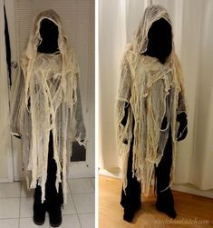 two pictures of a person dressed up as a ghost and standing in front of a door