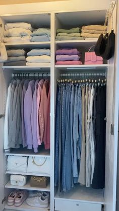 an organized closet with clothes and handbags