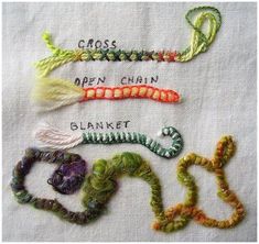 cross stitching with different types of beads and threads on white fabric, including green, yellow, orange, and pink