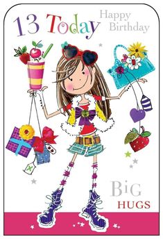 a birthday card with a girl holding gifts