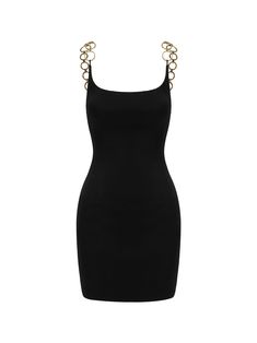 a black dress with gold chains on the shoulders