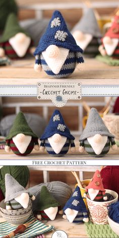 crochet gnome hats are displayed on shelves in different colors and sizes, including one with