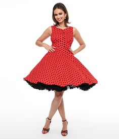 1950s Red & Black Polka Dot Fit & Flare Dress - Unique Vintage - Womens, DRESSES, FIT AND FLARE Polka Dot Dresses For Retro-themed Events, 1950s Style Polka Dot Dress For Retro-themed Events, Polka Dot Rockabilly Dress For Retro-themed Events, Dirty Dancing, 1950s Dress, Clothes Horse, Dresses Uk, Bold Black, Unique Dresses