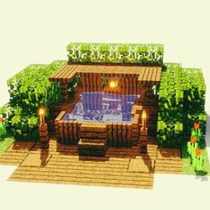 an image of a small house made out of wood and plants on the outside, with a hot tub in the center