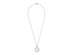 Judith Ripka Verona White Agate Rhodium Over Sterling Silver Necklace. Cubic zirconia are used as accent only. Round pendant with double-sided faceted gemstone; polished rope border; snap bail. Textured paperclip link chain secures with lobster claw clasp closure. Measures approximately: Chain 24"L x 1/8"W; Pendant 1-1/2"L x 1"W White Pendant Jewelry With Bezel Setting, Classic White Medallion Jewelry, White Gold Medallion Necklace With Gemstone, White Gold Medallion Gemstone Jewelry, White Gold Gemstone Medallion Necklace, White Sterling Silver Necklace With Detachable Pendant, White Sterling Silver Jewelry With Detachable Pendant, White Sterling Silver Necklaces With Detachable Pendant, Rope Border