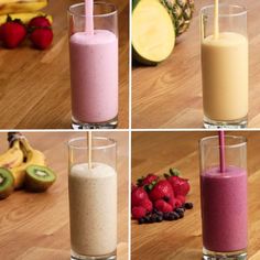 four different types of smoothies on a table