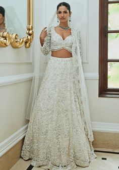 White Bridal Lehenga Set Nitika Gujral - Fabilicious Fashion Indian Bridal Lehenga White, Bridal Lehenga White, White Wedding Lehenga, White Bridal Lehenga, Lehenga White, Leaf Sleeve, Reception Lehenga, Indian Bridal Lehenga, Bridal Lehenga Red