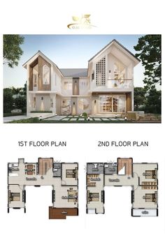 two story house plan with floor plans and measurements for the first floor, second floor and third