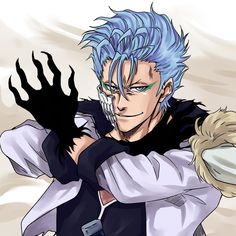 an anime character with blue hair is holding his arm out and looking at the camera