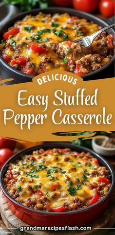 an easy stuffed pepper casserole recipe with cheese and tomatoes