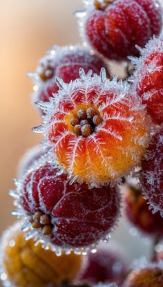 some red and yellow flowers covered in ice