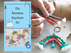 someone is making rainbow keychains out of crochet hooks and yarns