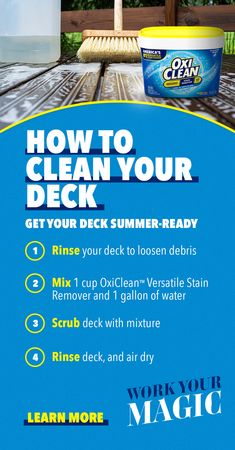 an advertisement for cleaning products on a table with the words how to clean your deck after a busy summer