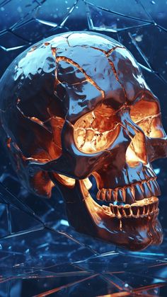 a close up of a human skull on a blue background with shattered glass and ice cubes