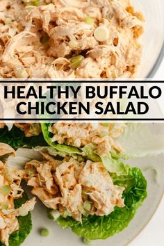 the healthy buffalo chicken salad is ready to be eaten and put in lettuce