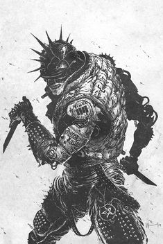 a black and white drawing of a creature with two swords in his hands, holding a knife