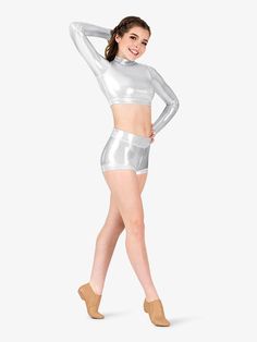 Womens Metallic Long Sleeve Dance Crop Top - Crop Tops | Double Platinum N7723 | DiscountDance.com Metallic Shiny Fitted Crop Top, Fitted Metallic Shiny Crop Top, Metallic Fitted Disco Crop Top, Metallic Cropped Disco Crop Top, Dance Crop Tops, Aaliyah Style, Dance Shorts, Discount Dance, Leather Pants Women