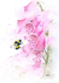 a watercolor painting of pink flowers and a bee