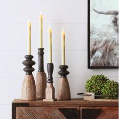 candles are lined up on top of an old dresser in front of a deer head