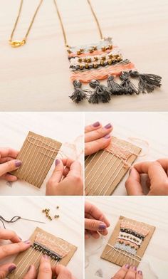 the process to make a necklace with beads and feathers is shown in four different pictures