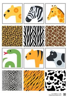 an animal themed poster with different colors and patterns on the squares, including zebras, giraffes, cheetah