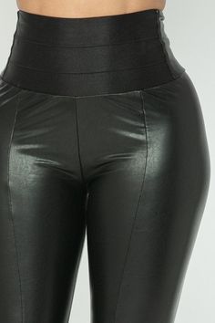 Women's Black Faux Leather Wide Waist Band Pants. 55% Polyester 45% PU Leather Wide Waist, Waist Band, Black Faux Leather, Pu Leather, Faux Leather, Band, Pants, Leather, Black