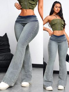 Women's Casual Fashionable Flared Jeans With Waist Pleats Blue    Denim Colorblock,Plain Flare Leg Medium Stretch  Women Clothing, size features are:Bust: ,Length: ,Sleeve Length: Cute Flare Jeans, Shaping Jeans, Silly Clothes, Manga Clothes, Trendy Outfits For Teens, Women Denim Jeans, Really Cute Outfits, Cute Simple Outfits, Casual Dinner Outfit