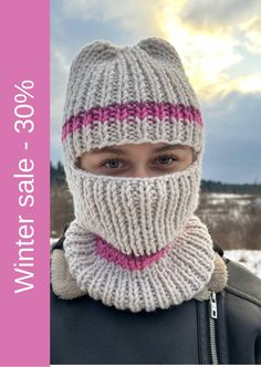 This knit balaclava is a beautiful and stylish way to stay warm in cold weather. It is made of soft, high-quality yarn in a grey color with pink stripes. The balaclava is hand-knitted, which gives it a unique and special touch. I invite you to my store to see more balaclavas  https://www.etsy.com/shop/SaBalchik?ref=l2-about-shopname&section_id=36517802 if you would like a line of a different color, write to us and we will make a different color for you. Crochet Ski Mask, Balaclava Knit, Granny Square Hat, Balaclava Crochet, Balaclava Ski Mask, Crochet Balaclava, Knit Balaclava, Winter Face Mask, Knitted Balaclava