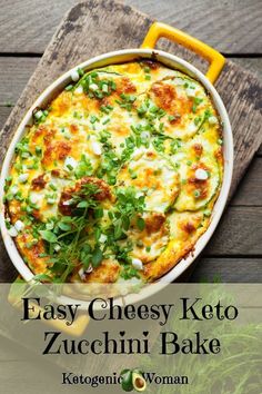 a casserole dish with cheese and vegetables on a cutting board next to parsley