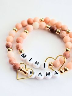 Mama and MINI Pink gold beaded stretch bracelet jewelry set ~ Two and Crew Trendy Heart Charm Bracelets For Mother's Day, Trendy Mother's Day Bracelets With Heart Charm, Trendy Heart Beads Bracelets For Mother's Day, Trendy Heart Beads Bracelet For Mother's Day, Trendy Heart-shaped Bracelets With Letter Beads, Trendy Heart-shaped Bracelet With Letter Beads, Beaded Bracelets With Heart Beads For Birthday, Heart Beaded Bracelets For Birthdays, Birthday Beaded Bracelets With Heart Beads