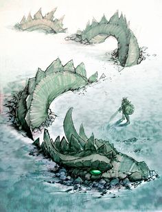 an image of two dragon like creatures floating in the water