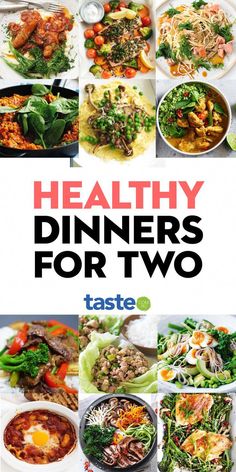 the cover of healthy dinners for two, with pictures of different foods and vegetables on it