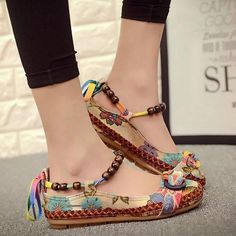 Women's Summer Ethnic Style Lacing Loafers | ZORKET | ZORKET Bohemian Slip-on Sandals For Spring, Bohemian Spring Flats With Round Toe, Spring Bohemian Flats With Round Toe, Bohemian Round Toe Flats For Spring, Casual Beige Flats With Ankle Strap, Bohemian Slip-on Flats For Spring, Bohemian Round Toe Sandals For Spring, Vintage Flat Sandals For Spring, Vintage Multicolor Sandals For Spring