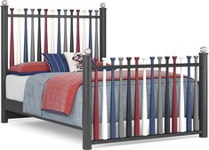 a child's bed with red, white and blue bedspread