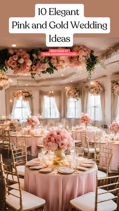 A beautifully decorated wedding venue with elegant pink and gold accents, featuring floral arrangements, table settings, and matching bridesmaid dresses in pink and gold hues. Champagne And Blush Pink Wedding Theme, Champagne Pink Decorations, Blush Pink And Gold Wedding Decorations, Pink Wedding Table Decorations, Pink Inspired Wedding, Gold And Peach Wedding Decor, Pink White And Gold Wedding Cake, Rose Gold/bush Champagne Gold And Ivory Wedding Reception Decor, Wedding Pink And Gold